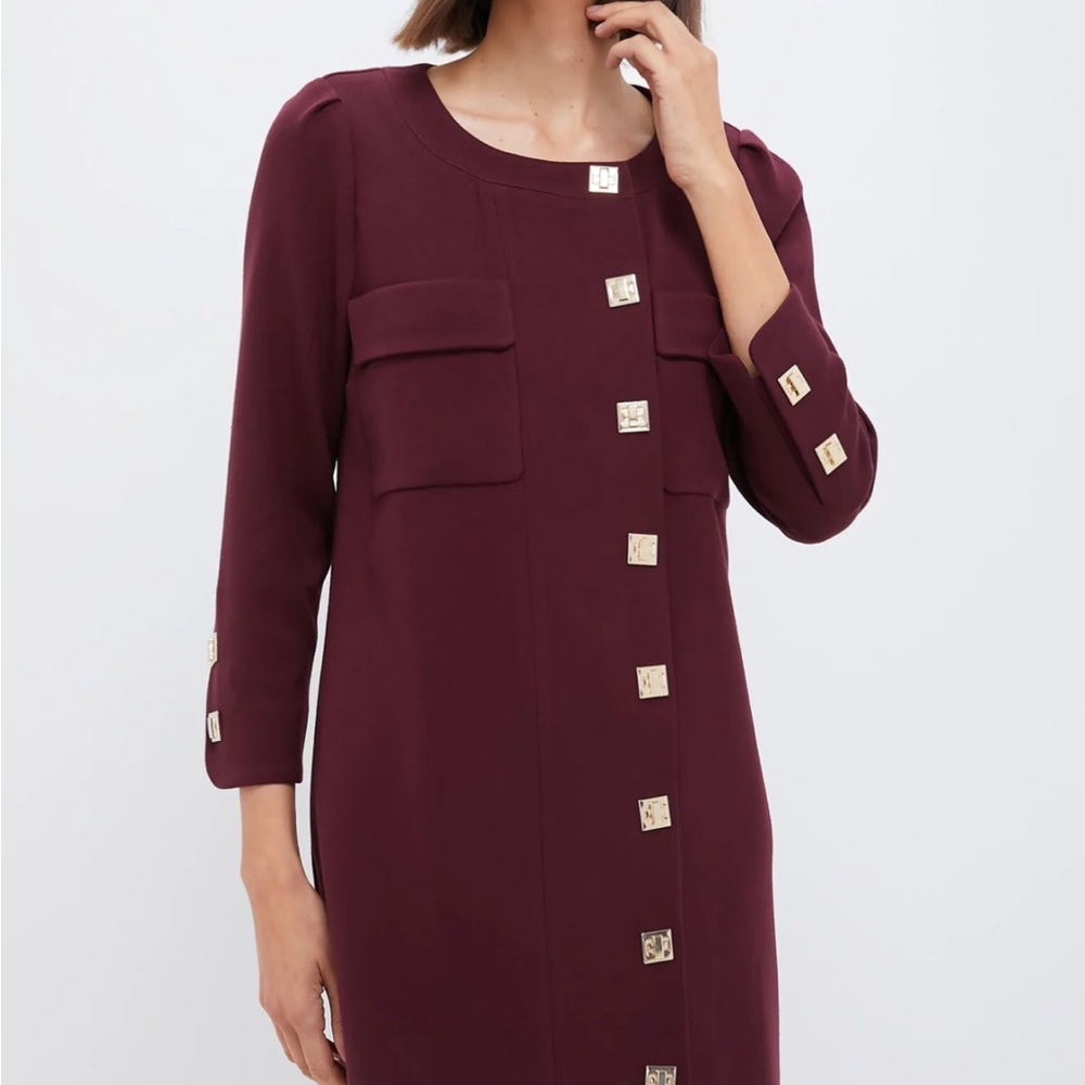 Tuckernuck Marlowe Oxblood Dress with Gold Buttons. Professional and sopficated.